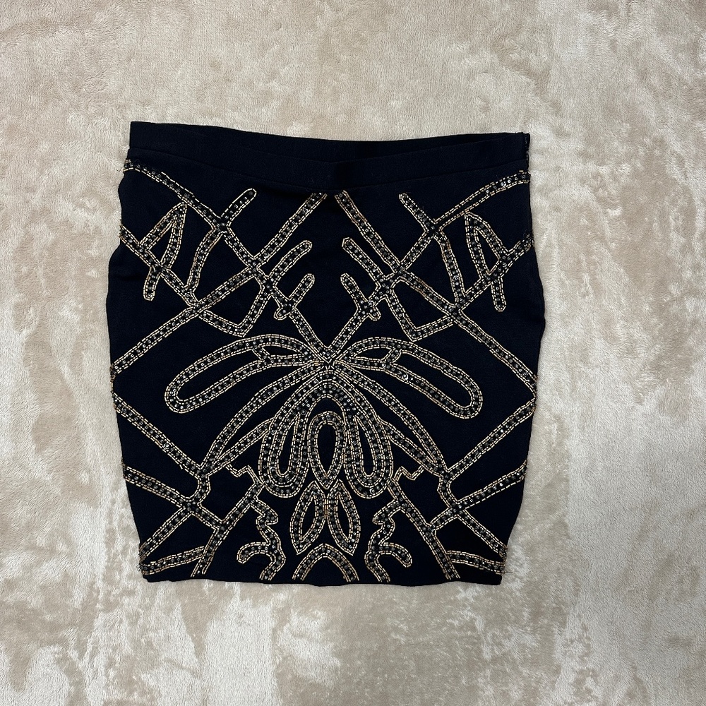 Haute Hippie Skirt Womens 8 Black Embellished Beaded Rhinestone Mini Bodycon